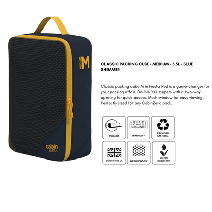 CabinZero CLASSIC PACKING CUBE Medium Blue Shimmer—rollable, mesh window, recycled material, water-resistant organizer with quick-access YKK zippers