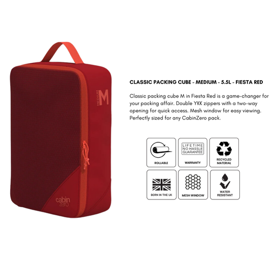 CabinZero CLASSIC PACKING CUBE Medium Fiesta Red—rollable, mesh window, recycled material, water-resistant organizer with quick-access YKK zippers for travel packs.
