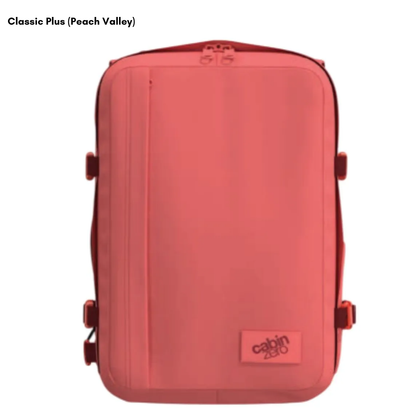 CabinZero Classic Plus 32L Peach Valley pink travel backpack front view, spacious carry-on cabin bag designed for minimalist travel and stylish adventures.