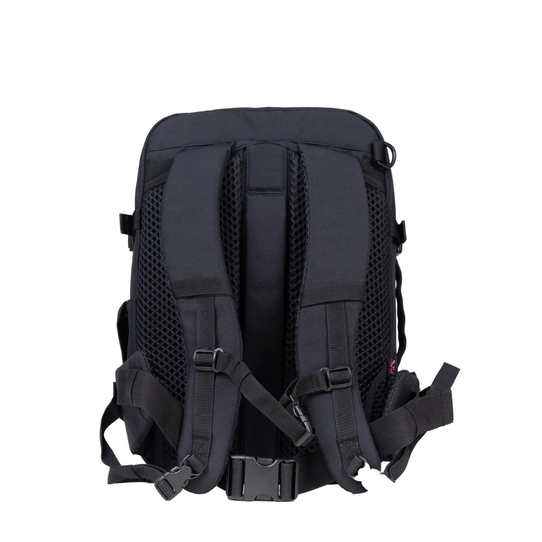 CabinZero Classic Pro 32L Absolute Black backpack back view featuring padded shoulder straps and adjustable hip belt