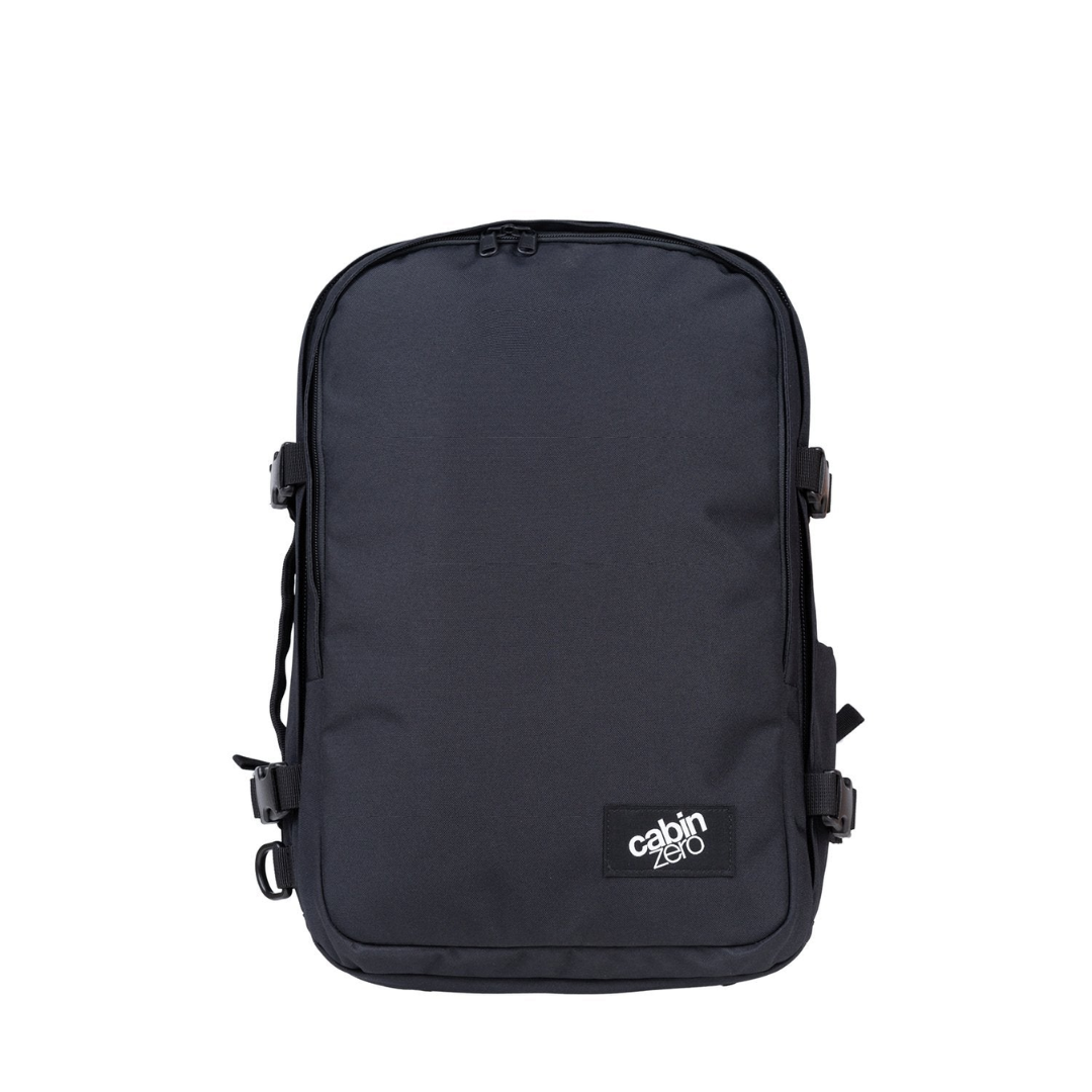 CabinZero Classic Pro 32L Absolute Black travel backpack, minimalist front view