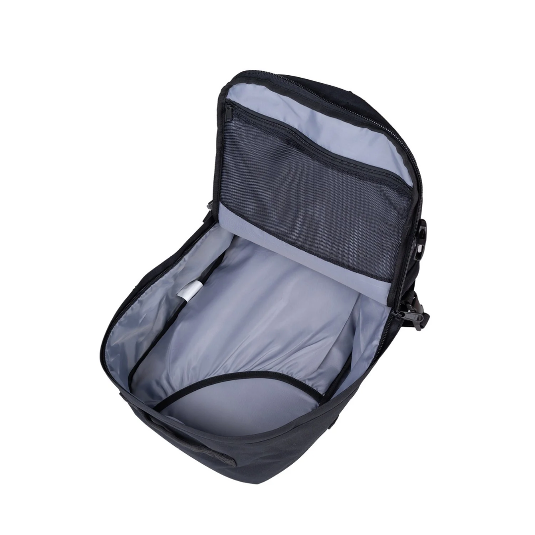 CabinZero Classic Pro 32L backpack open main compartment view with mesh pocket and internal padding