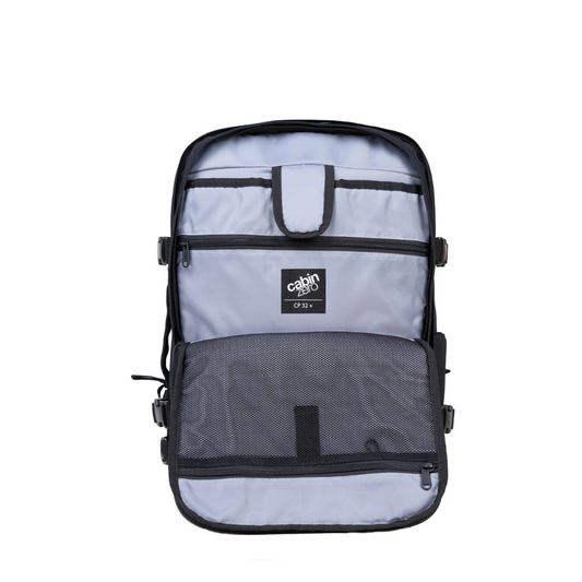 CabinZero Classic Pro 32L backpack open interior view showing compartments and mesh pockets