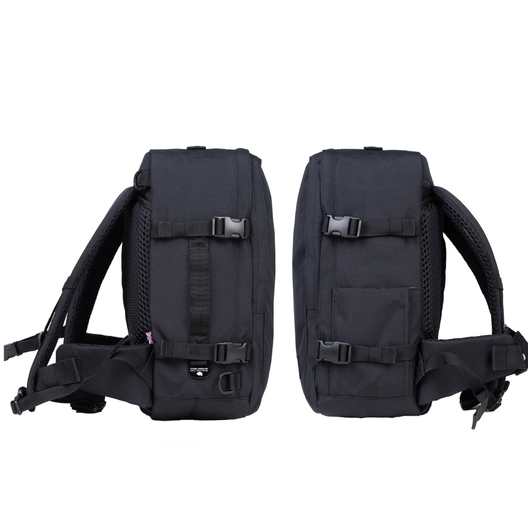 CabinZero Classic Pro 32L backpack Absolute Black color, side view showing compression straps and padded hip belt