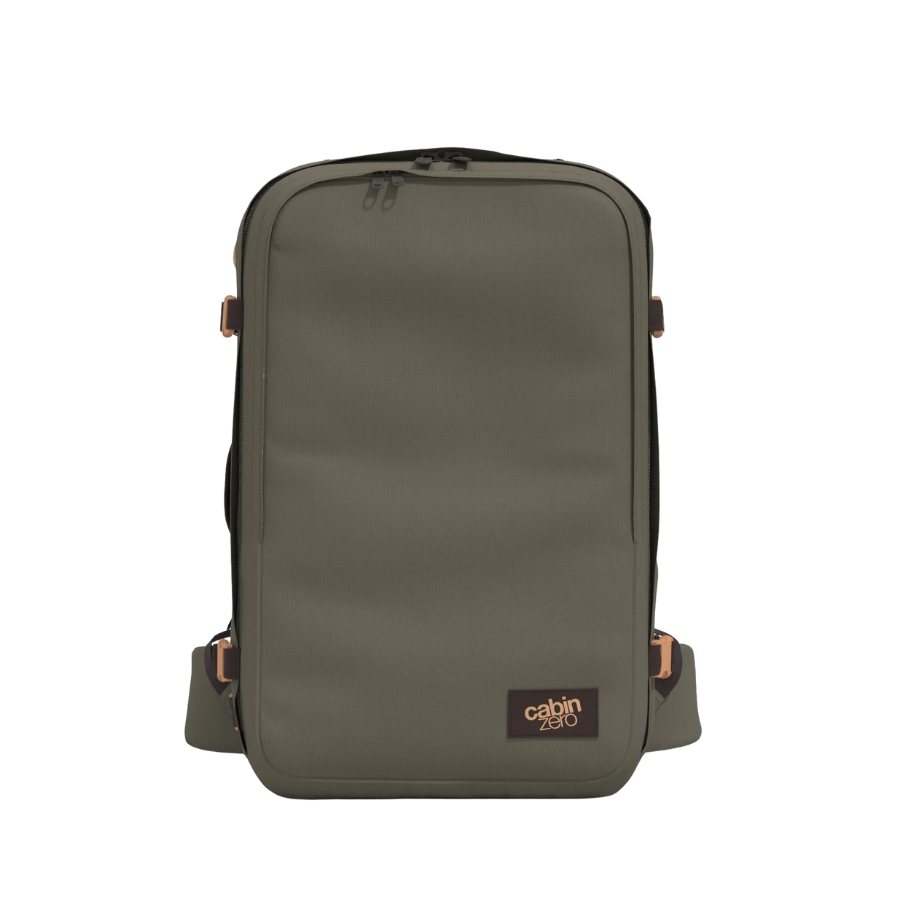 CabinZero Classic Pro 32L backpack in Grey Moor color, water-resistant travel cabin bag with advanced comfort straps and secure pockets, ideal for carry-on luggage and city adventures