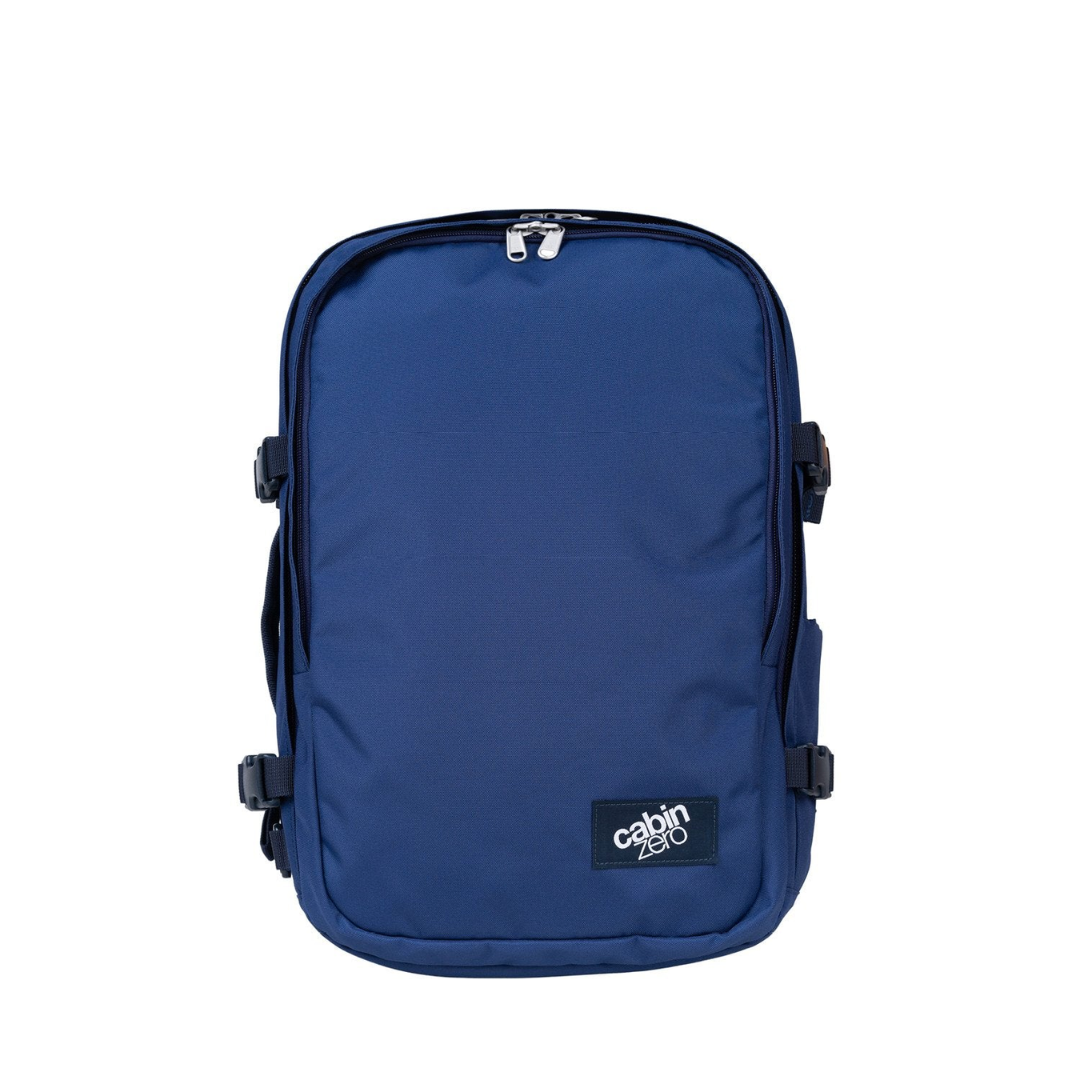 CabinZero Classic Pro 32L Navy travel backpack, front view, versatile lightweight cabin bag