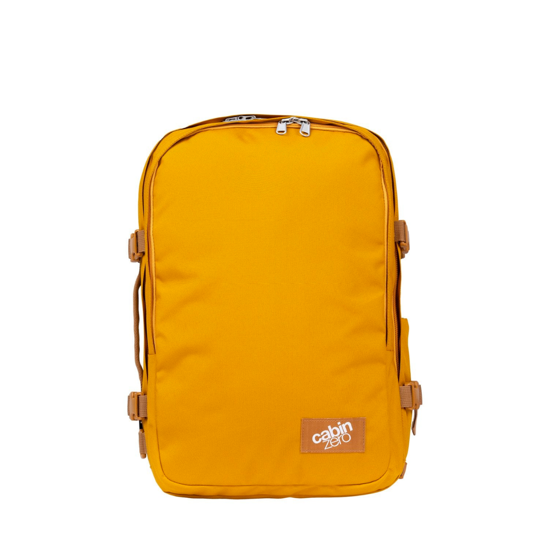 CabinZero Classic Pro 32L Orange Chill travel backpack, front view, lightweight luggage