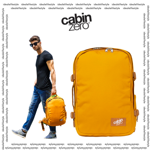CabinZero Classic Pro 32L yellow travel backpack shown with a man walking outdoors, Singapore lifestyle