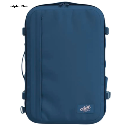 CabinZero Classic Pro 42L Travel Cabin Bag in Jodhpur Blue, minimalist front view, ideal for travel and carry-on