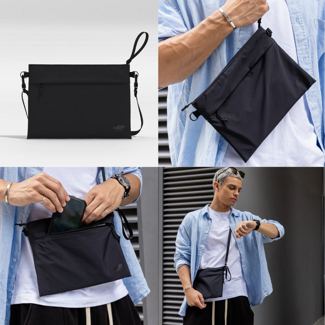 Collage of four images showing a black CabinZero Classic Sacoche 2.5L pouch: top left displays the pouch on a plain background, top right shows the pouch held by the strap, bottom left features hands placing a smartphone into the pouch, and bottom right shows a person wearing the pouch crossbody in an urban setting