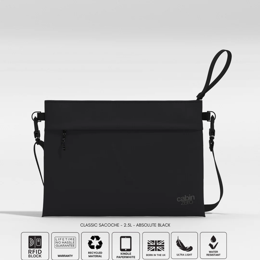 Front view of a black CabinZero Classic Sacoche 2.5L pouch with detachable strap, displayed on a light background. Six icons below highlight features: RFID blocking, warranty, recycled material, fits Kindle Paperwhite, ultra light, and water resistant