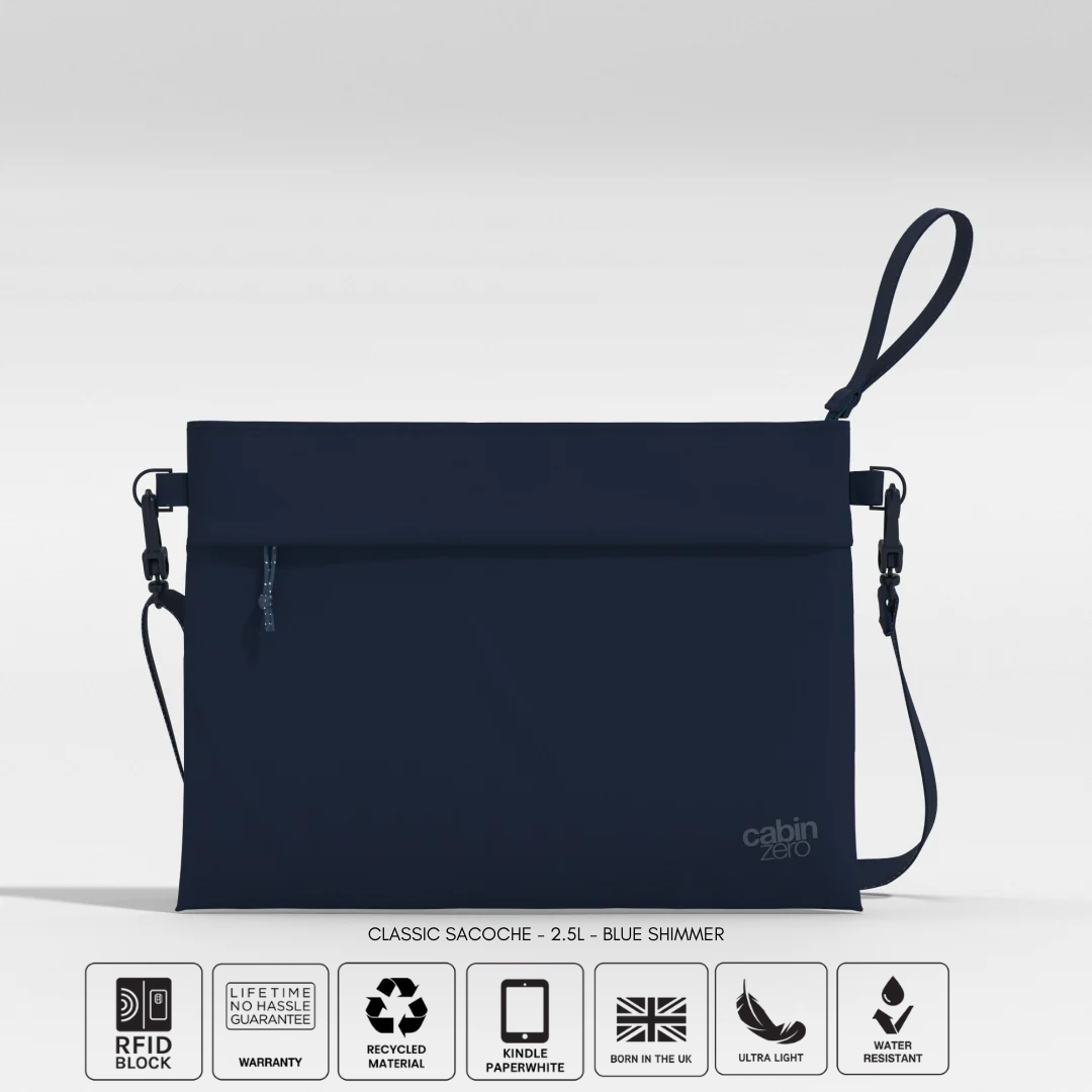 Front view of a navy blue CabinZero Classic Sacoche 2.5L pouch with detachable strap, displayed on a light background. Six feature icons below highlight RFID blocking, lifetime warranty, recycled material, Kindle Paperwhite compatibility, ultra light weight, and water resistance.