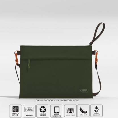 Front view of an olive green CabinZero Classic Sacoche 2.5L pouch with detachable strap and orange hardware, displayed on a light background. Six icons below highlight features: RFID blocking, lifetime warranty, recycled material, Kindle Paperwhite compatibility, ultra light weight, and water resistance.