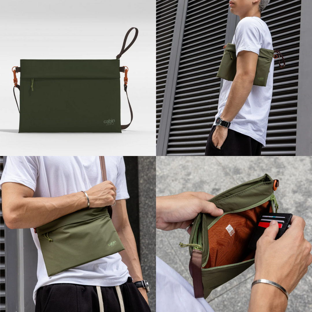 Collage of four images featuring an olive green CabinZero Classic Sacoche 2.5L pouch with brown strap and orange hardware: top left shows the pouch on a plain background, top right displays a person wearing the pouch crossbody, bottom left shows the pouch worn over the shoulder, and bottom right reveals the orange interior as a hand places cards inside.
