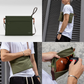 Collage of four images featuring an olive green CabinZero Classic Sacoche 2.5L pouch with brown strap and orange hardware: top left shows the pouch on a plain background, top right displays a person wearing the pouch crossbody, bottom left shows the pouch worn over the shoulder, and bottom right reveals the orange interior as a hand places cards inside.