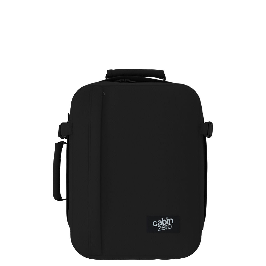Front view of CabinZero Classic Tech Bag 28L in Absolute Black featuring a minimalist design, padded handles, and compact profile—perfect for tech-savvy travelers and daily use.