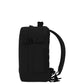Profile view of CabinZero Classic Tech Bag 28L in Absolute Black displaying slim shape, adjustable compression strap, and side pocket—perfect for tech gear and minimalist travel.