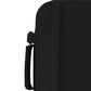 Detail view of CabinZero Classic Tech Bag 28L in Absolute Black highlighting the padded side handle and compression strap—designed for flexible carry and travel convenience.
