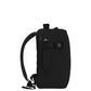 Side view of CabinZero Classic Tech Bag 28L in Absolute Black featuring ergonomic shoulder straps, compression strap, and padded side handle for comfortable travel and everyday use.