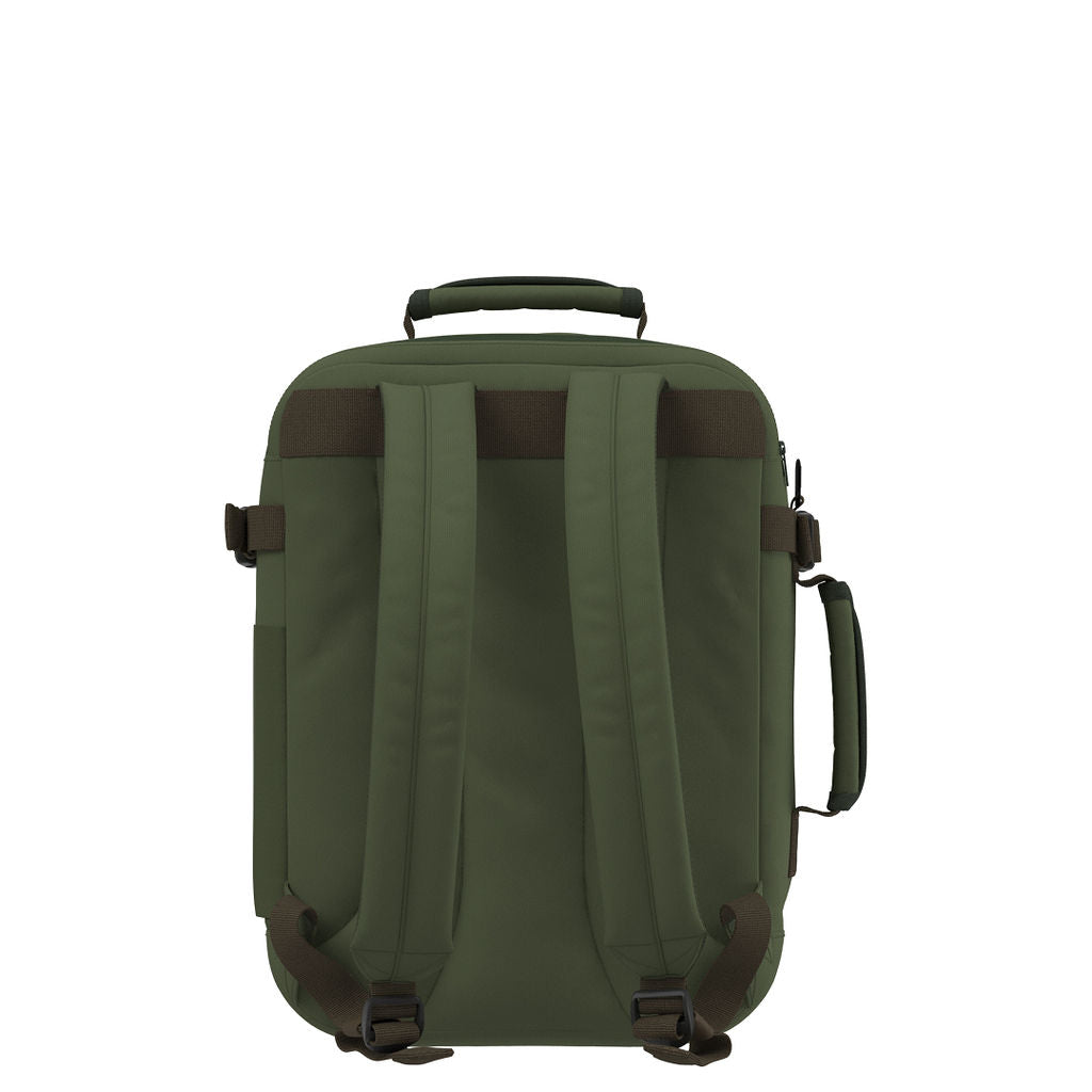 Back view of CabinZero Classic Tech Bag 28L in Georgian Khaki, highlighting padded adjustable shoulder straps, top handle, and side handle—durable and ergonomic design for travel and everyday use.
