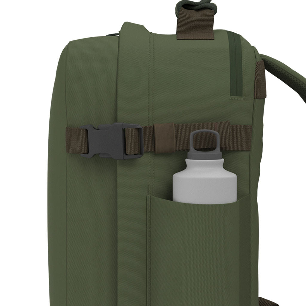 CabinZero Classic Tech Bag 28L in Georgian Khaki featuring a side water bottle pocket and adjustable compression strap for organized storage and convenient hydration on the go.