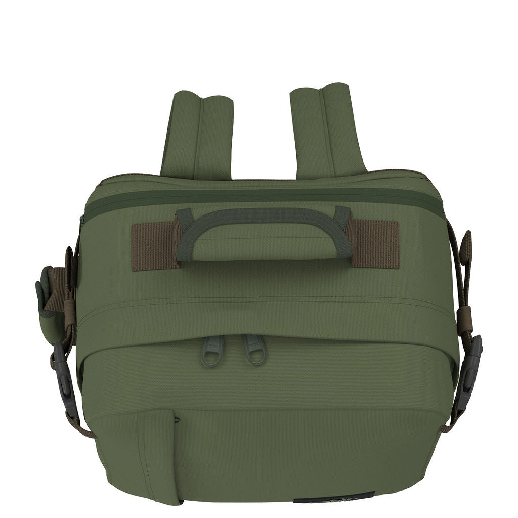 Flatlay top view of CabinZero Classic Tech Bag 28L in Georgian Khaki highlighting padded top handle, dual zippers, and ergonomic straps for efficient packing and easy travel access.