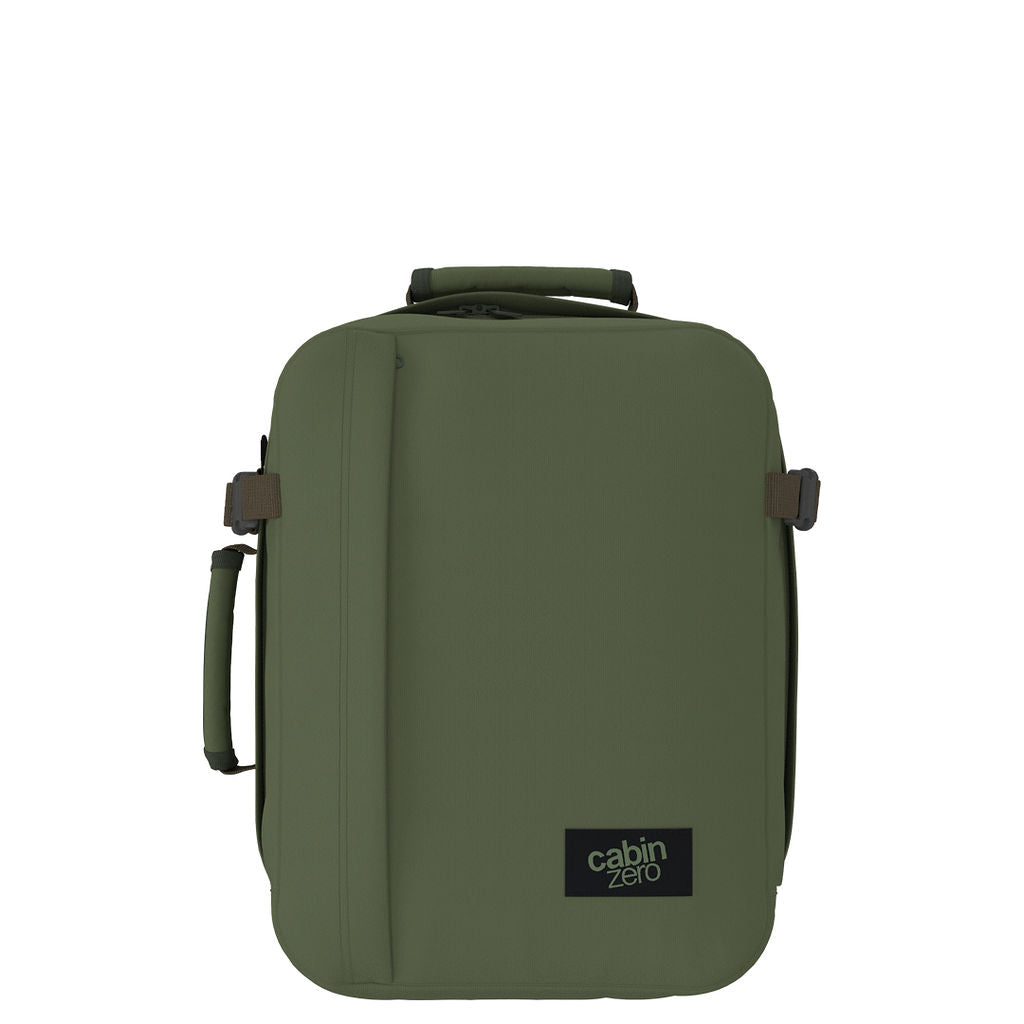 Front view of CabinZero Classic Tech Bag 28L in Georgian Khaki showcasing minimalist design, padded handles, and compact structure—perfect backpack for travel, work, and daily commuting.