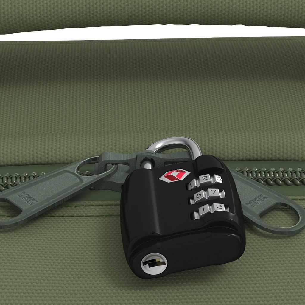 Close-up of CabinZero Classic Tech Bag 28L in Georgian Khaki showing lockable YKK zippers secured with a TSA-approved travel lock for enhanced security on the go.