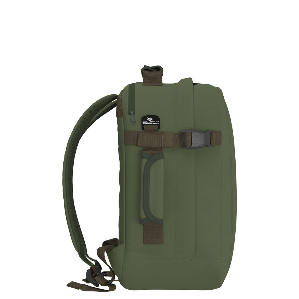 Side view of CabinZero Classic Tech Bag 28L in Georgian Khaki featuring adjustable compression strap, Tracer tag, and padded side handle—designed for ergonomic carrying and secure travel use.