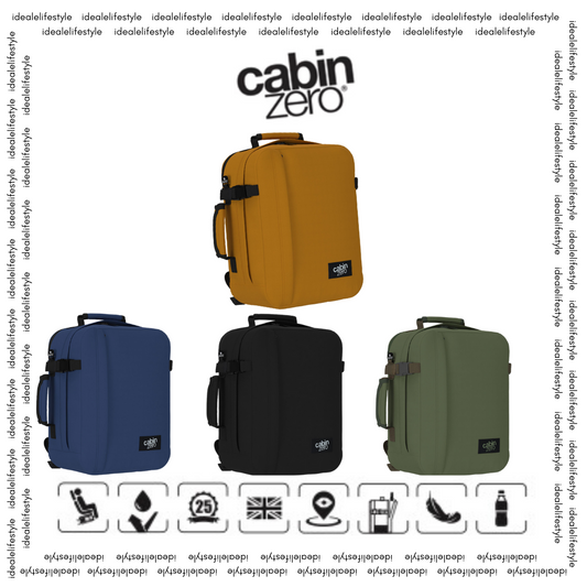 CabinZero Classic Tech Bag 28L in Sahara Sand, Navy Blue, Absolute Black, and Georgian Khaki—carry-on travel backpacks with laptop and bottle compartments, shown by ideale lifestyle for tech-savvy travelers