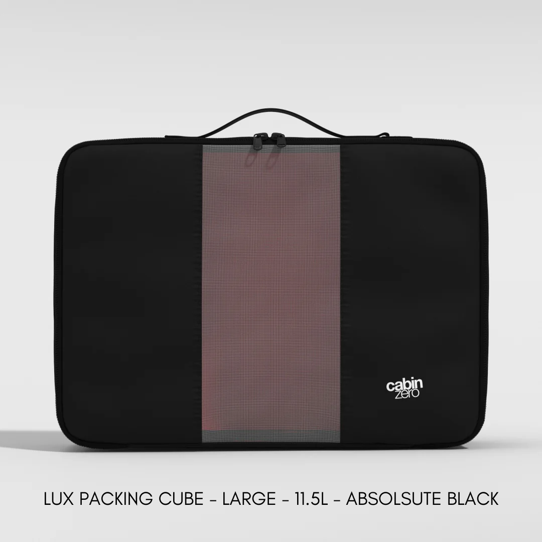 Front view of a large CabinZero Lux Packing Cube in Absolute Black, featuring a central mesh panel, double zipper closure, top handle, and the CabinZero logo in the lower right corner