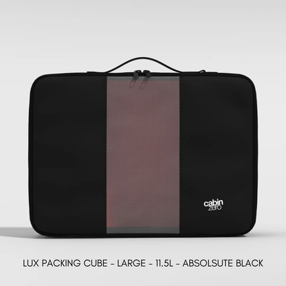 Front view of a large CabinZero Lux Packing Cube in Absolute Black, featuring a central mesh panel, double zipper closure, top handle, and the CabinZero logo in the lower right corner