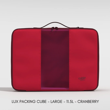 Front view of a large CabinZero Lux Packing Cube in Cranberry red, featuring a central burgundy mesh panel, double zipper closure, top handle, and CabinZero logo in the lower right corner.