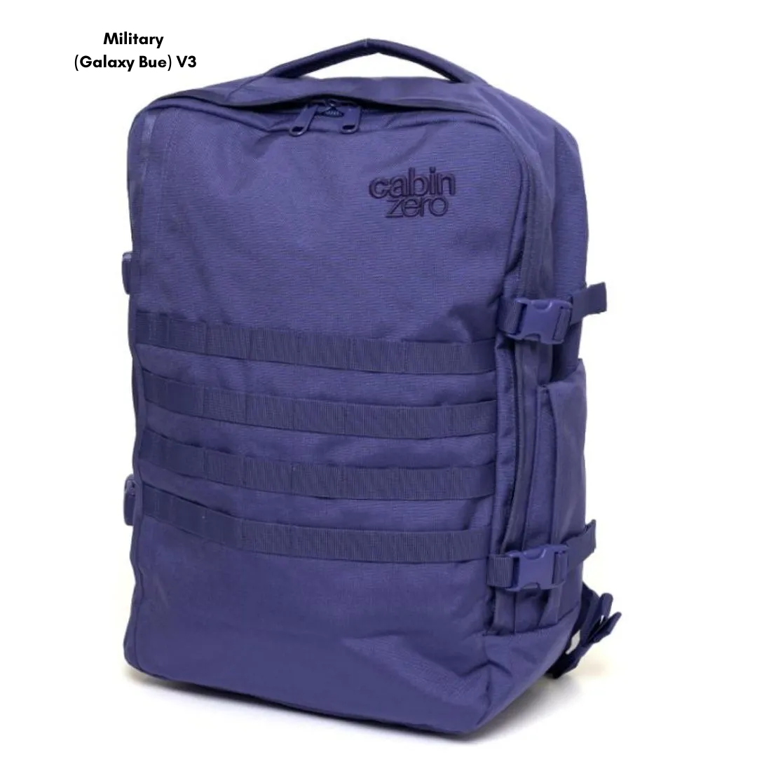 CabinZero Military 44L Adventure Cabin Bag in galaxy blue, military-grade nylon, tactical travel backpack with MOLLE webbing