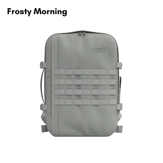 CabinZero Military Backpack 28L Frosty Morning, light grey tactical travel backpack with MOLLE webbing and compression straps, perfect for outdoor adventures and urban commuting