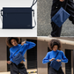 Collage of four images featuring a navy blue CabinZero Sacoche pouch: top left shows the pouch on a plain background, top right displays the pouch held by its strap against a concrete surface, bottom left and bottom right show a person in a blue sweater wearing and adjusting the pouch crossbody in an outdoor urban setting