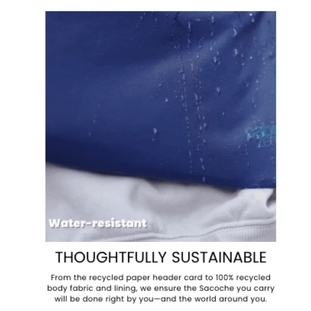 Close-up of water droplets beading on the surface of a navy blue CabinZero Sacoche pouch, demonstrating its water-resistant fabric. The text "Water-resistant" appears in the lower left corner.