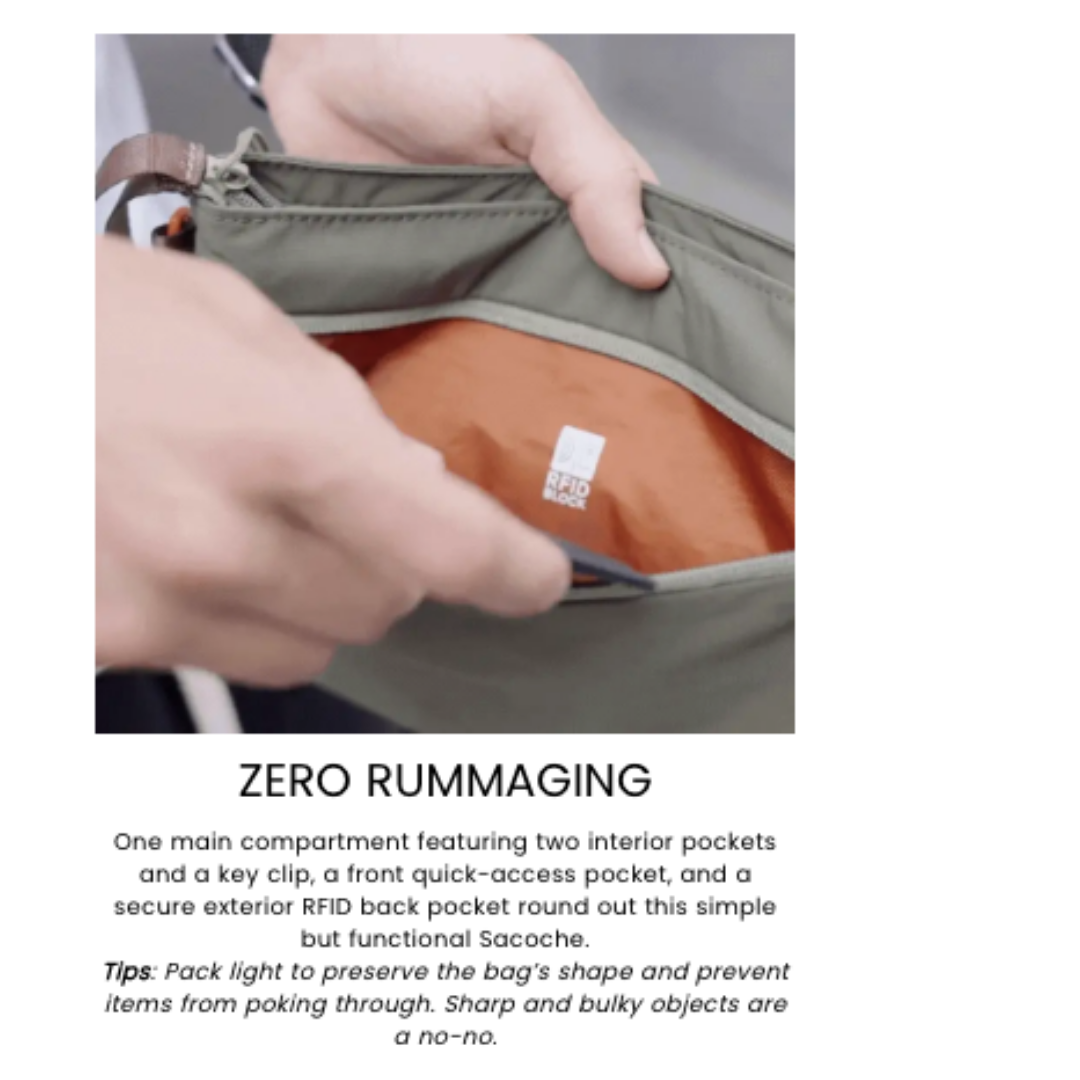 Close-up of hands opening an olive green CabinZero Sacoche pouch, revealing an orange interior with an RFID block label and multiple compartments.
