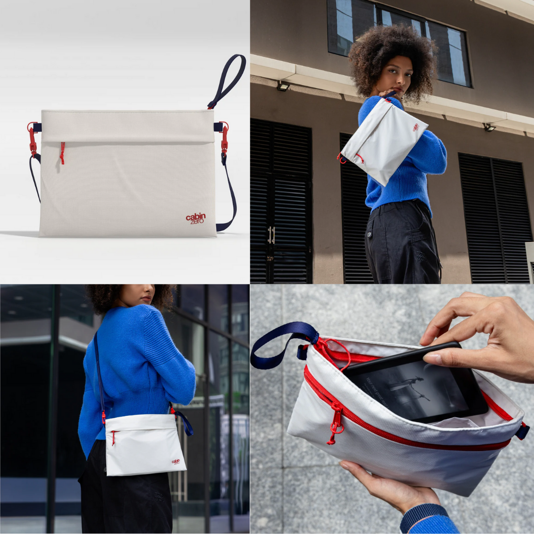 Collage of four images showing a white CabinZero Sacoche pouch with red zipper and navy blue strap: top left displays the pouch on a plain background, top right shows the pouch worn crossbody outdoors, bottom left features the pouch worn over the shoulder, and bottom right reveals the pouch open with a tablet device inside