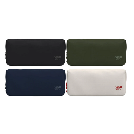 Four rectangular CabinZero travel pouches in different colors (black, olive green, navy blue, and off-white) arranged in a two-by-two grid on a white background. Each pouch features a small "cabin zero" logo in the lower right corner