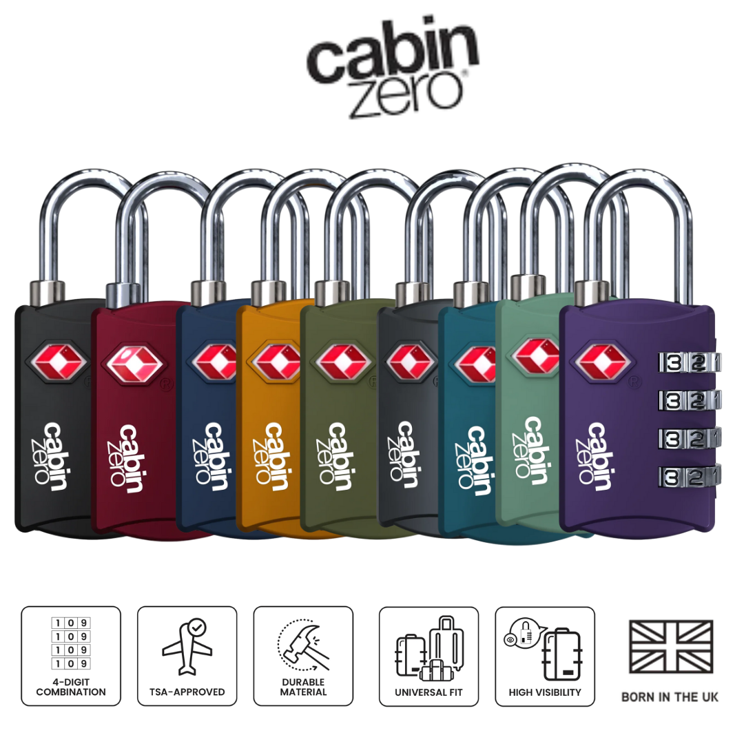 CabinZero TSA-approved 4-digit combination luggage locks in multiple colors for backpacks, suitcases, and carry-on bags; durable zinc alloy travel locks displayed in a row.