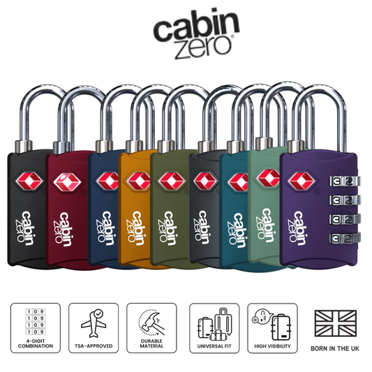 CabinZero TSA-approved 4-digit combination luggage locks in multiple colors for backpacks, suitcases, and carry-on bags; durable zinc alloy travel locks displayed in a row.