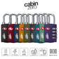 CabinZero TSA-approved 4-digit combination luggage locks in multiple colors for backpacks, suitcases, and carry-on bags; durable zinc alloy travel locks displayed in a row.