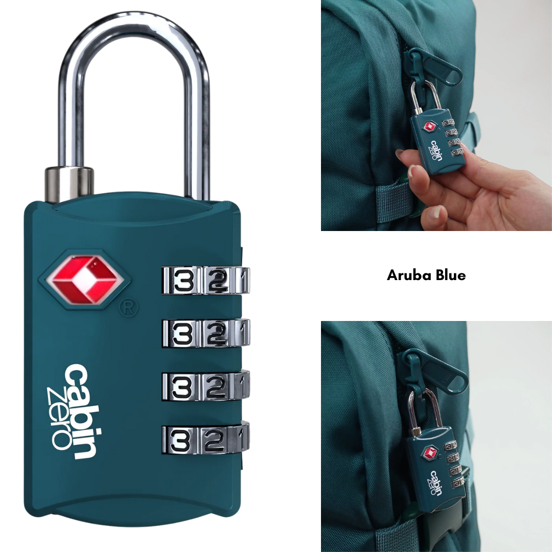 CabinZero TSA-approved aruba blue 4-digit combination luggage lock securing blue backpack, durable travel lock for suitcase, carry-on, and baggage.