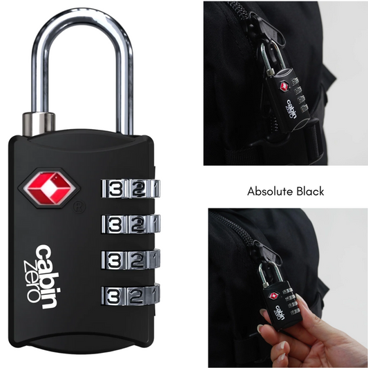 CabinZero TSA-approved black 4-digit combination luggage lock attached to backpack zipper, durable travel lock for secure baggage.