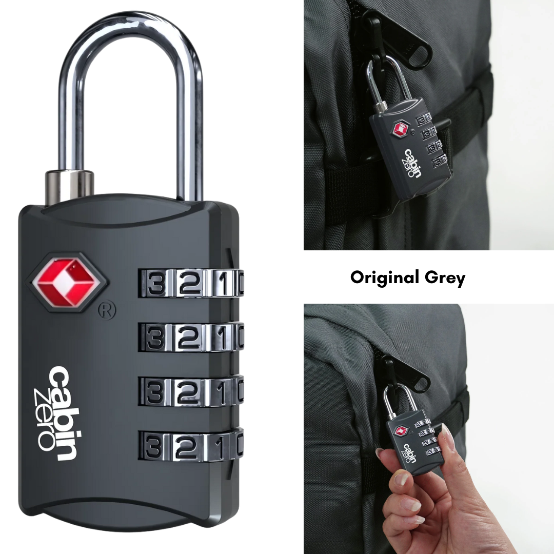 CabinZero TSA-approved original grey 4-digit combination luggage lock securing grey backpack, durable travel lock for suitcase and carry-on.