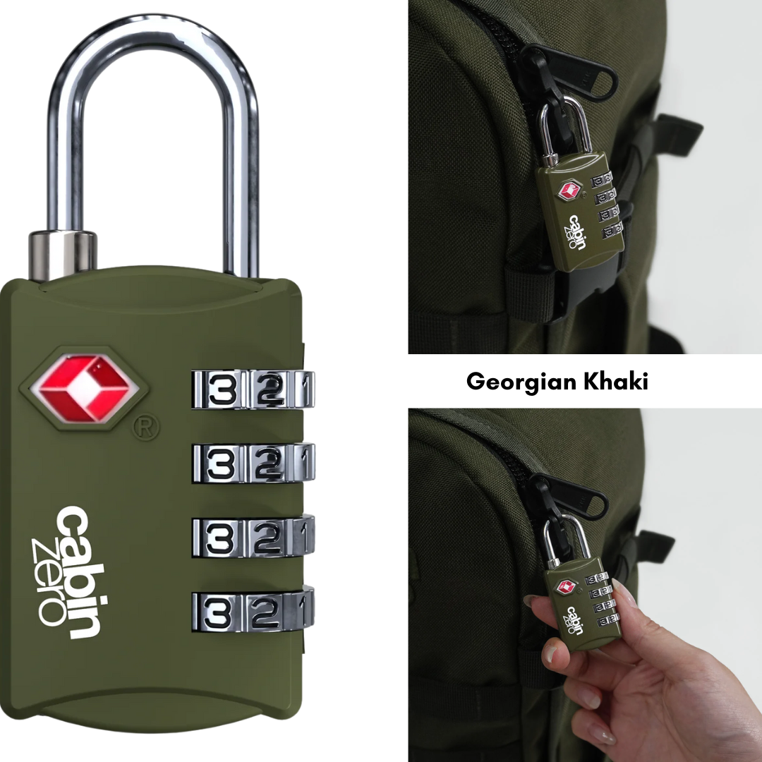 CabinZero TSA-approved georgian khaki 4-digit combination luggage lock securing khaki backpack, durable travel lock for suitcase and carry-on.