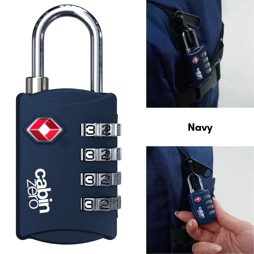 CabinZero TSA-approved navy blue 4-digit combination luggage lock attached to backpack, secure travel lock for baggage and carry-on.