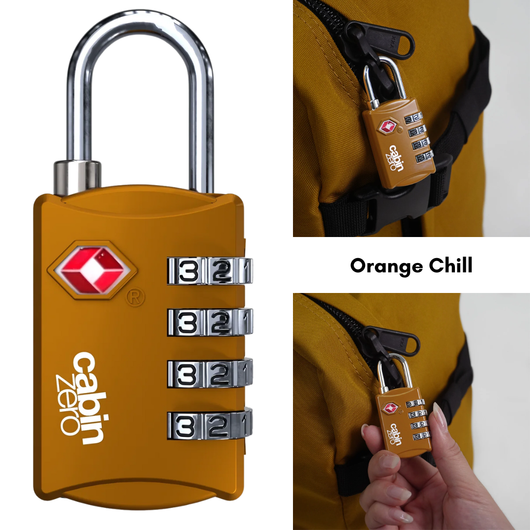 CabinZero TSA-approved orange 4-digit combination luggage lock securing orange backpack, durable travel lock for suitcase, carry-on, and baggage.
