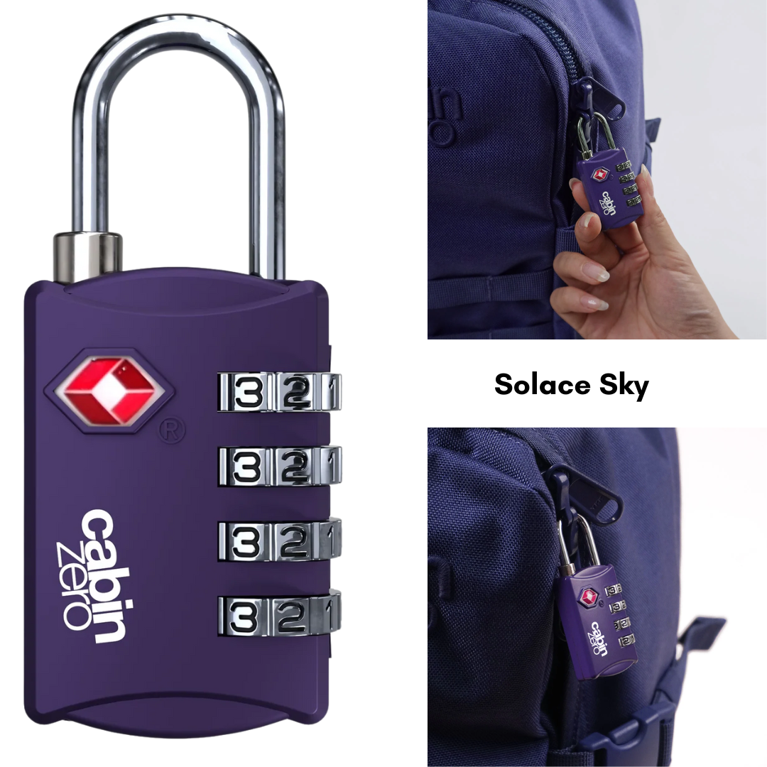 CabinZero TSA-approved solace sky purple 4-digit combination luggage lock securing purple backpack, durable travel lock for suitcase, carry-on, and baggage.
